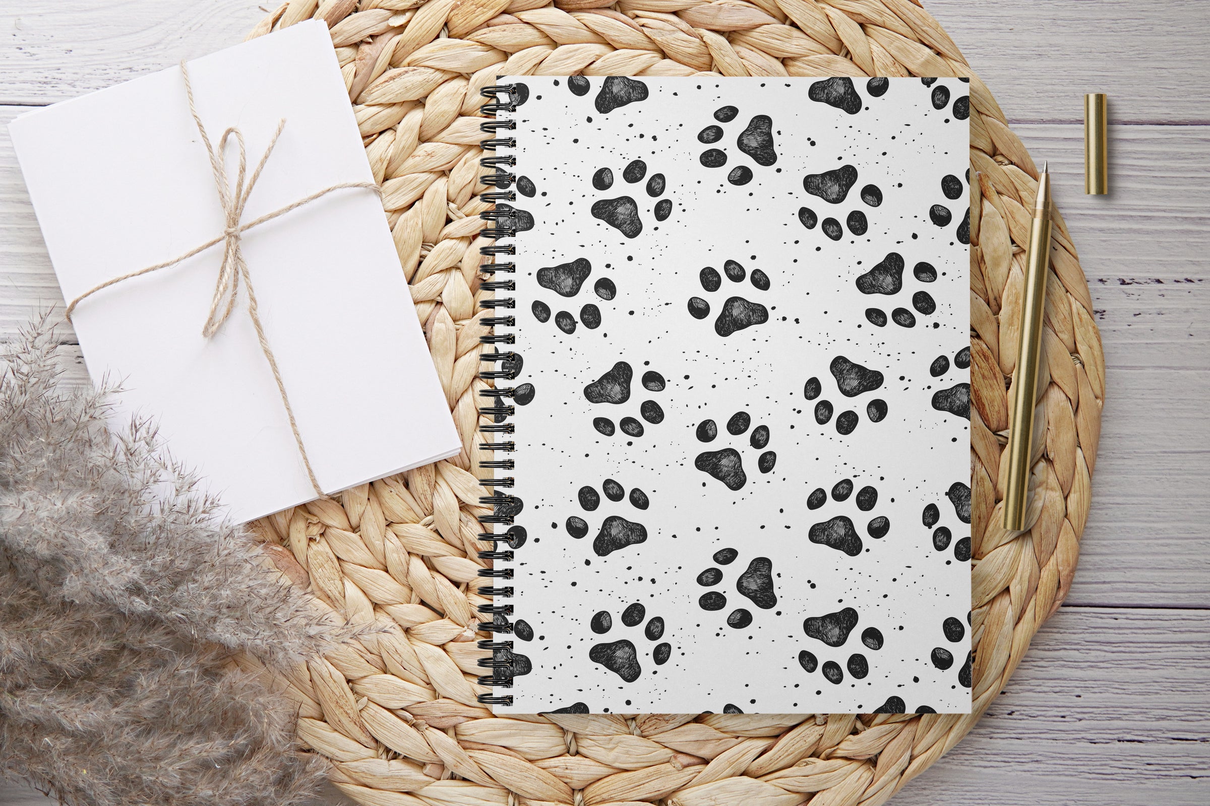 Paw Print Spiral Notebook — Black & White Cute Animal Journal (Ruled)