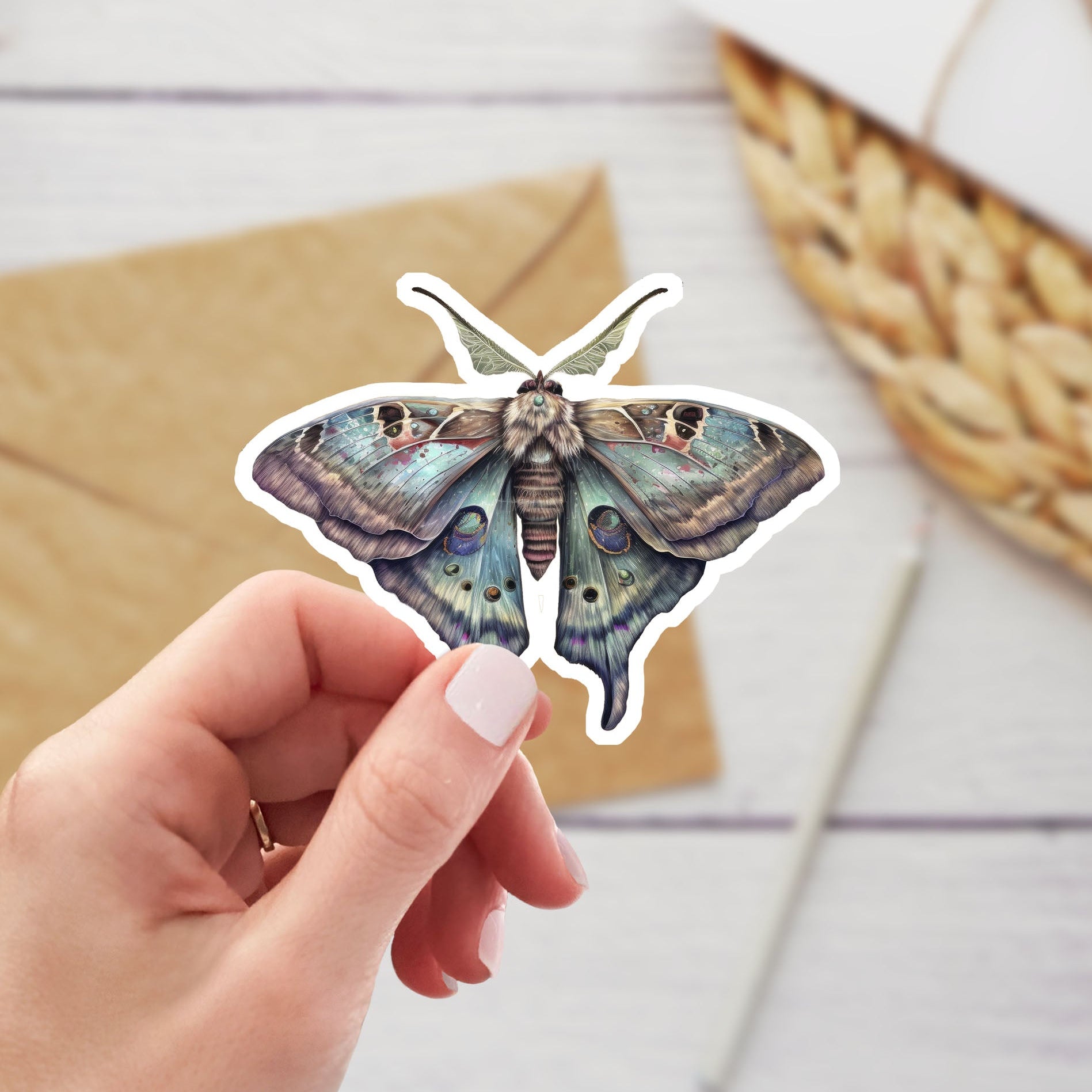 Hand holding a butterfly-shaped sticker on a wooden surface with an envelope and basket.