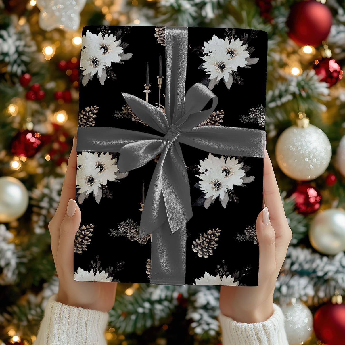 Elegant Black Floral Wrapping Paper Sheets