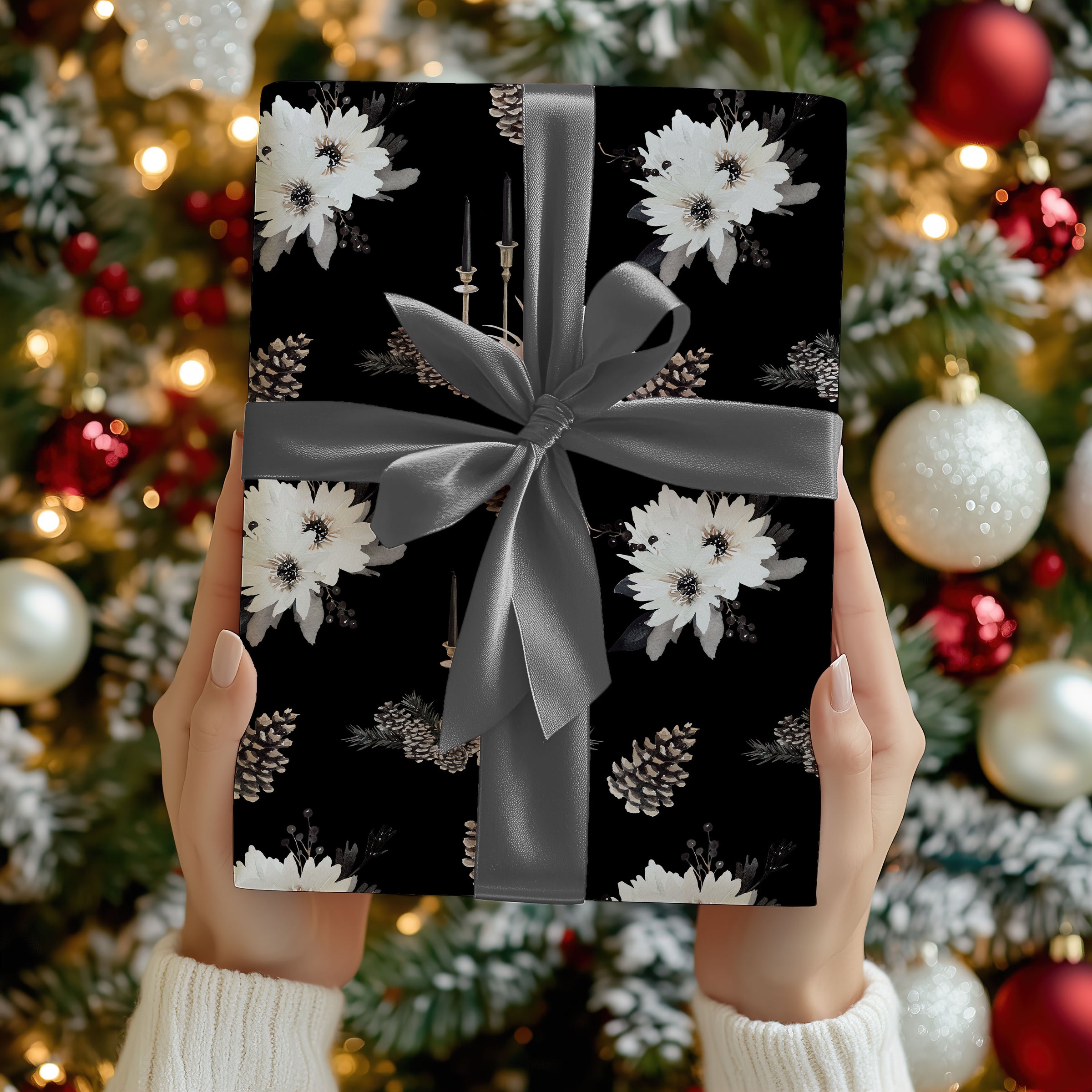Elegant Black Floral Wrapping Paper Sheets