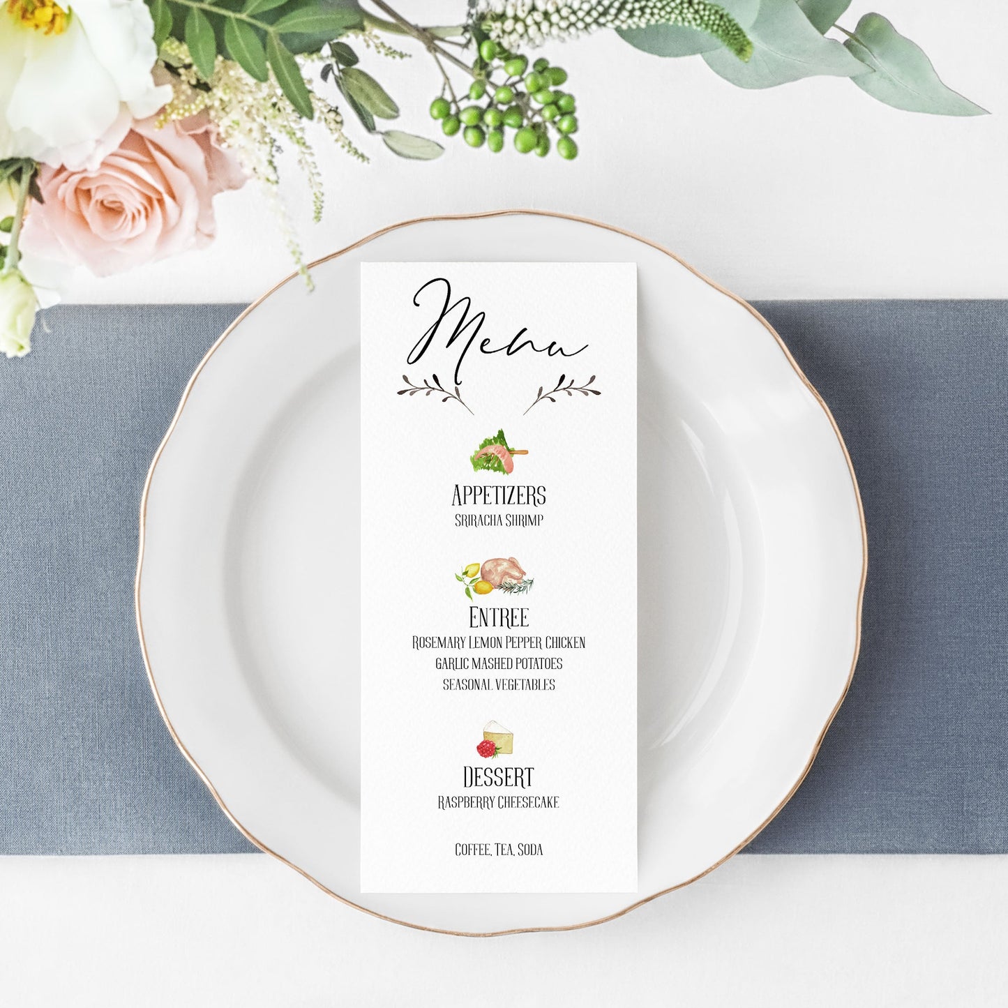 Menu card on a white plate with flowers on a gray tablecloth