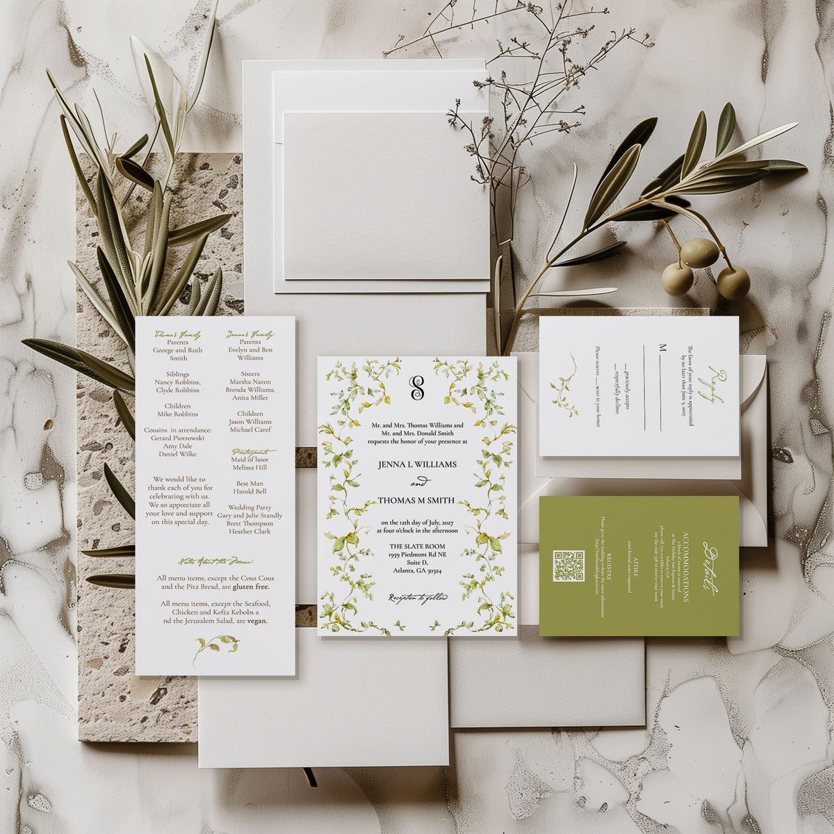 Greenery Monogram Elegant Wedding Invitation Suite
