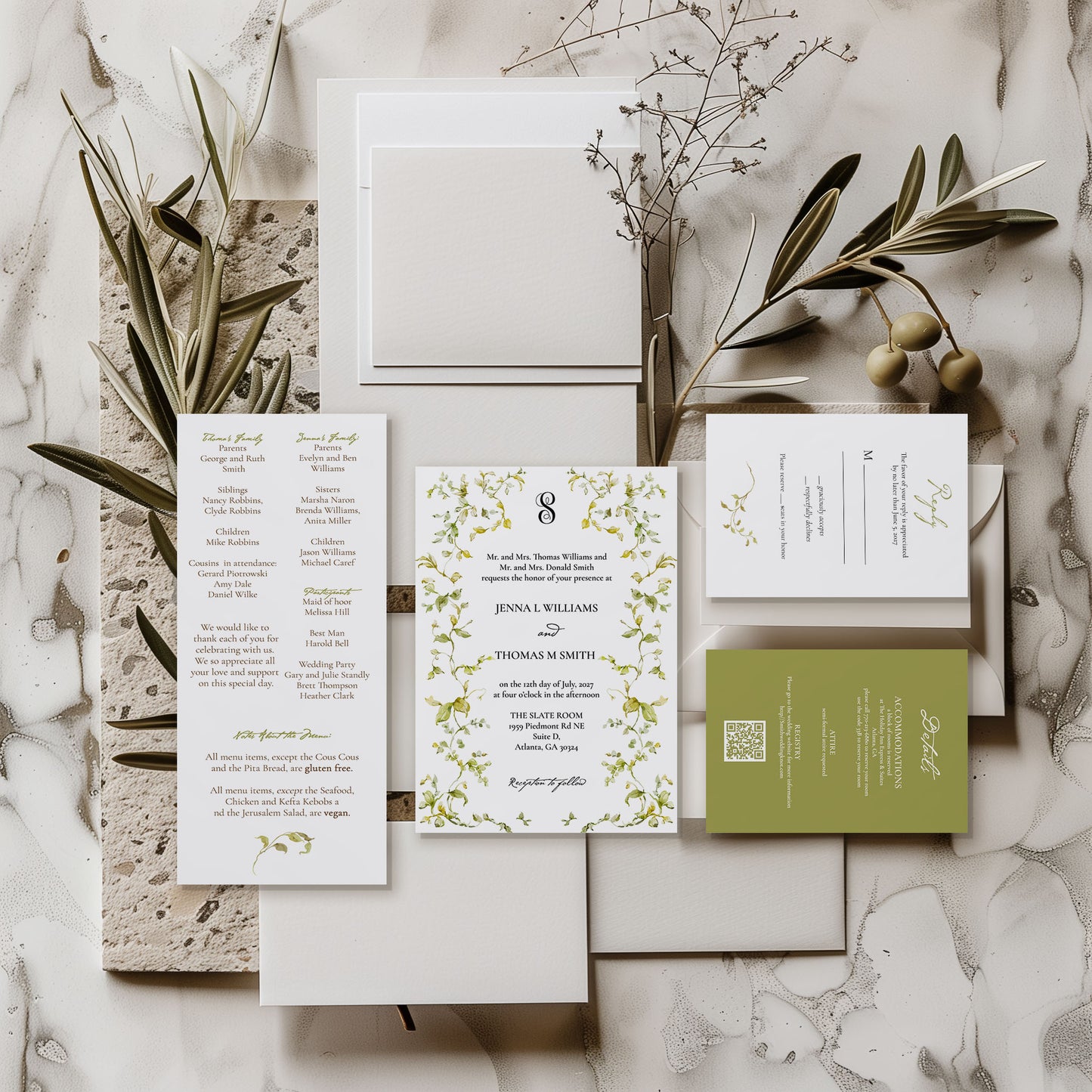 Greenery Monogram Elegant Wedding Invitation Suite
