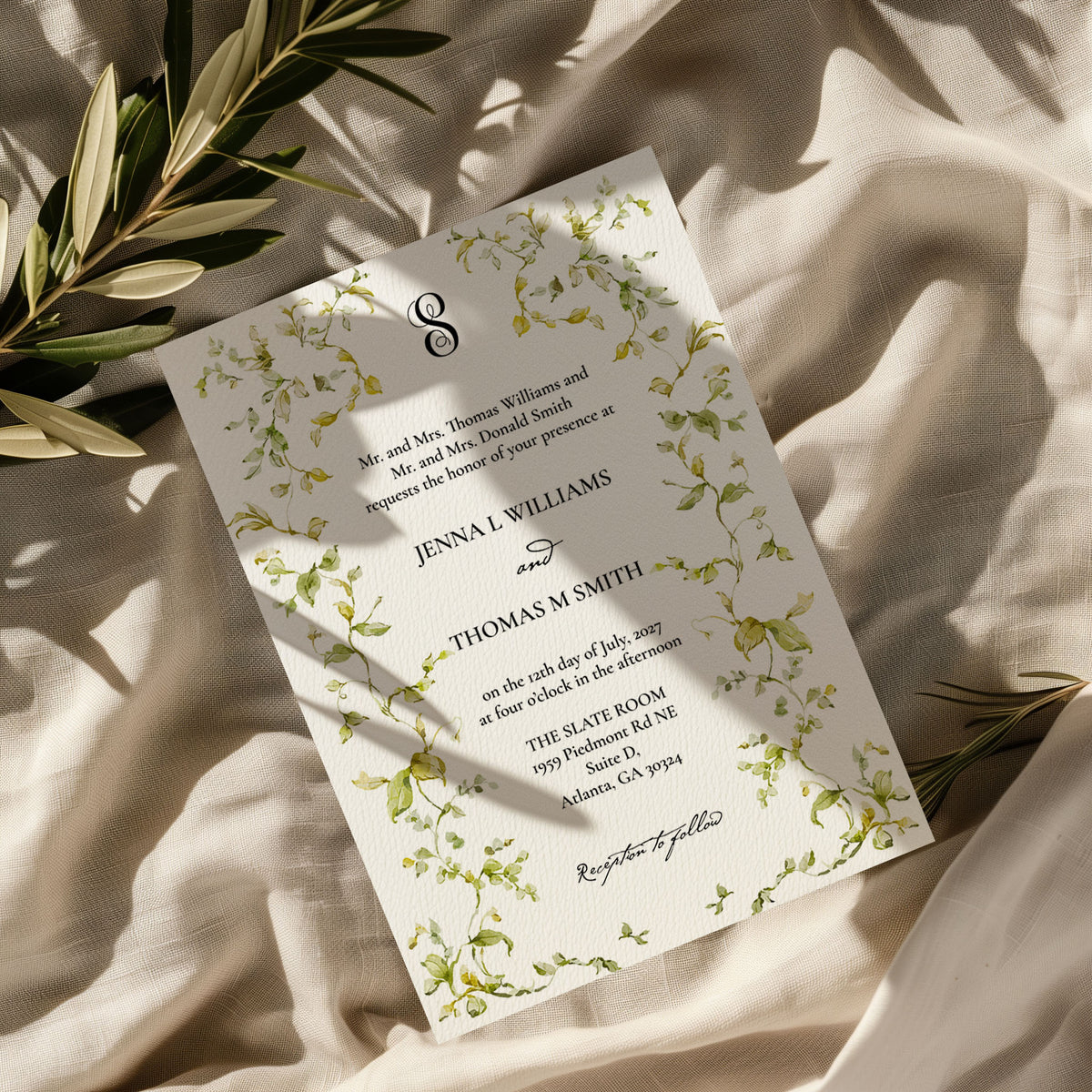 Greenery Monogram Elegant Wedding Invitation Suite