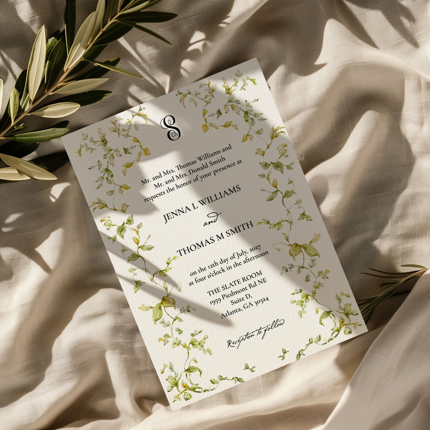 Greenery Monogram Elegant Wedding Invitation Suite