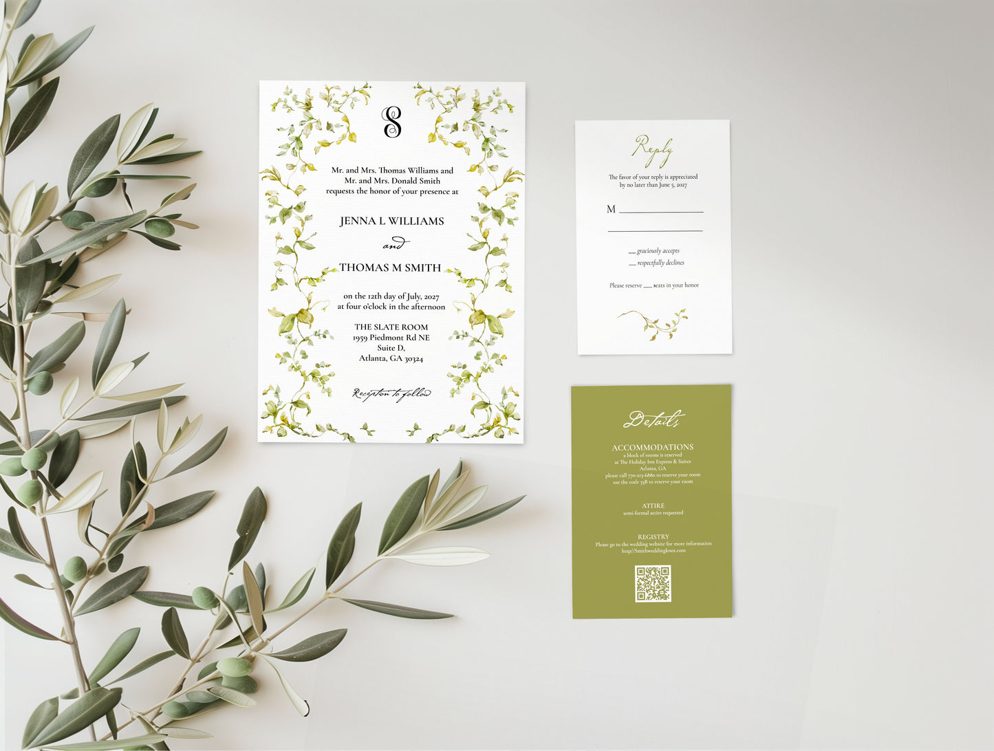 Greenery Monogram Elegant Wedding Invitation Suite