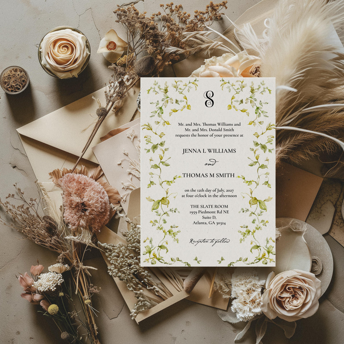 Greenery Monogram Elegant Wedding Invitation Suite