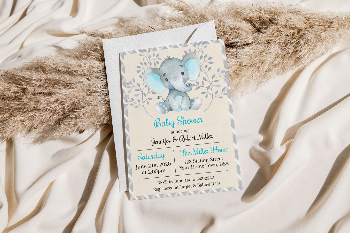 Blue Elephant Baby Shower Invitation Template Editable Invitation Corjl Digital Download