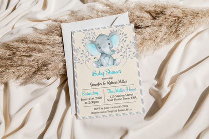 Blue Elephant Baby Shower Invitation Template Editable Invitation Corjl Digital Download