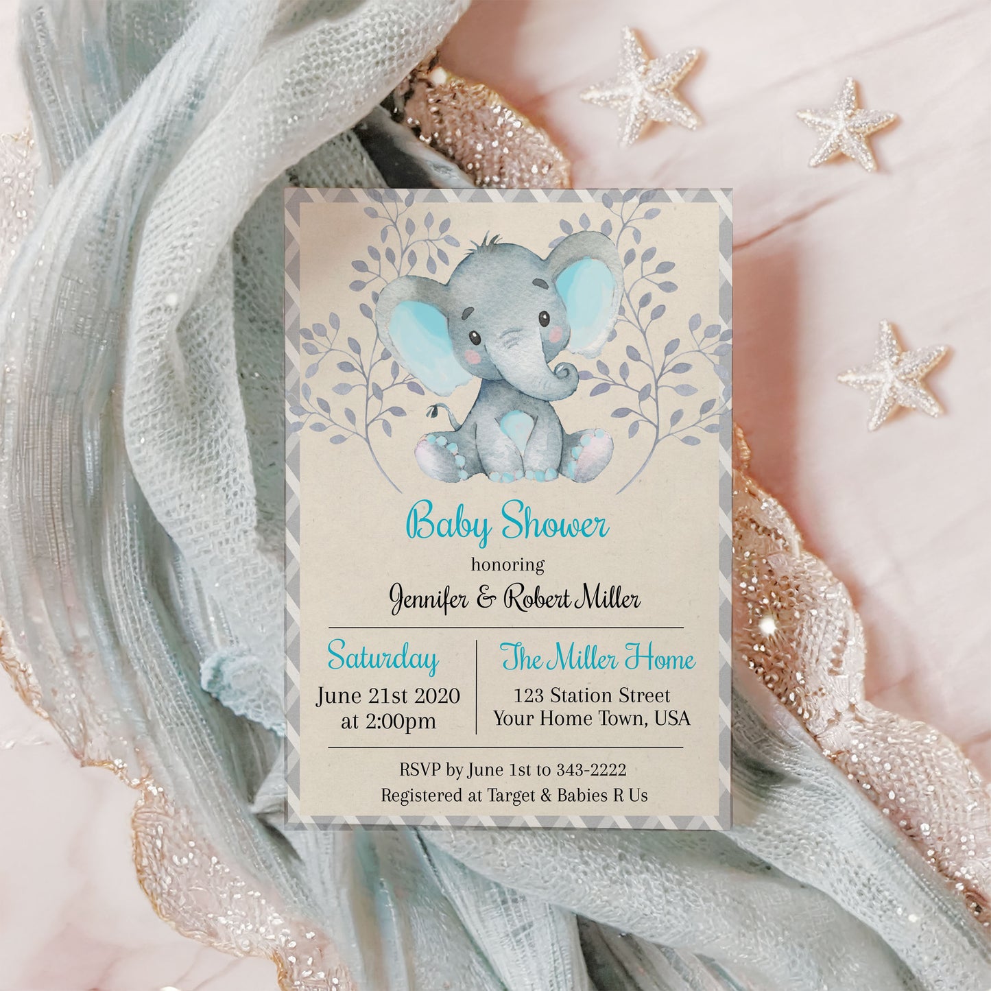 Blue Elephant Baby Shower Invitation Template Editable Invitation Corjl Digital Download