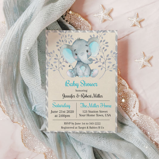 Blue Elephant Baby Shower Invitation Template Editable Invitation Corjl Digital Download