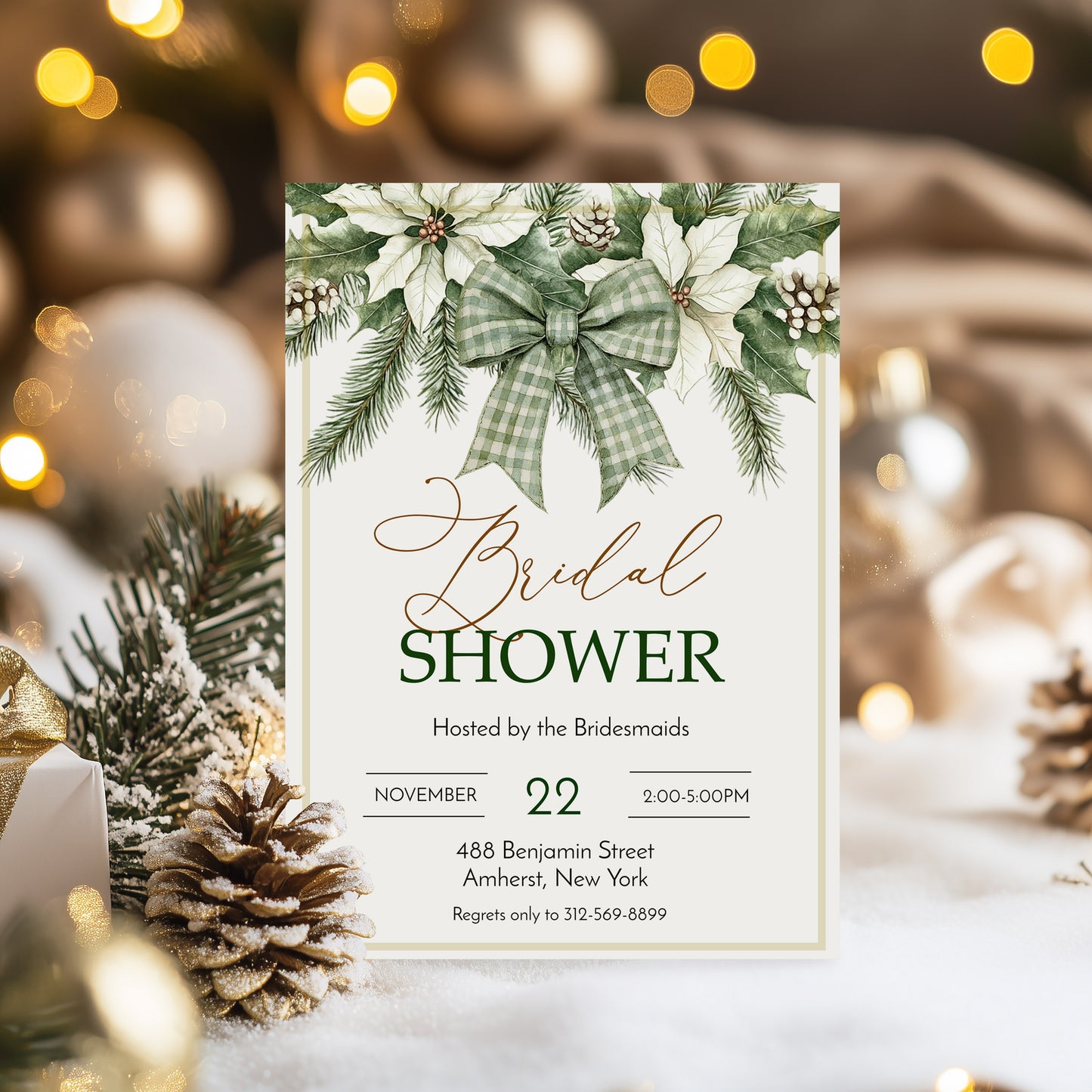 Winter Evergreen Bow and Flowers Bridal Shower Invitation Template Editable Invitation Corjl Digital Download