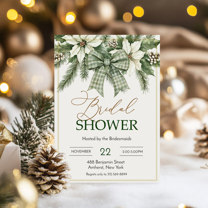 Winter Evergreen Bow and Flowers Bridal Shower Invitation Template Editable Invitation Corjl Digital Download