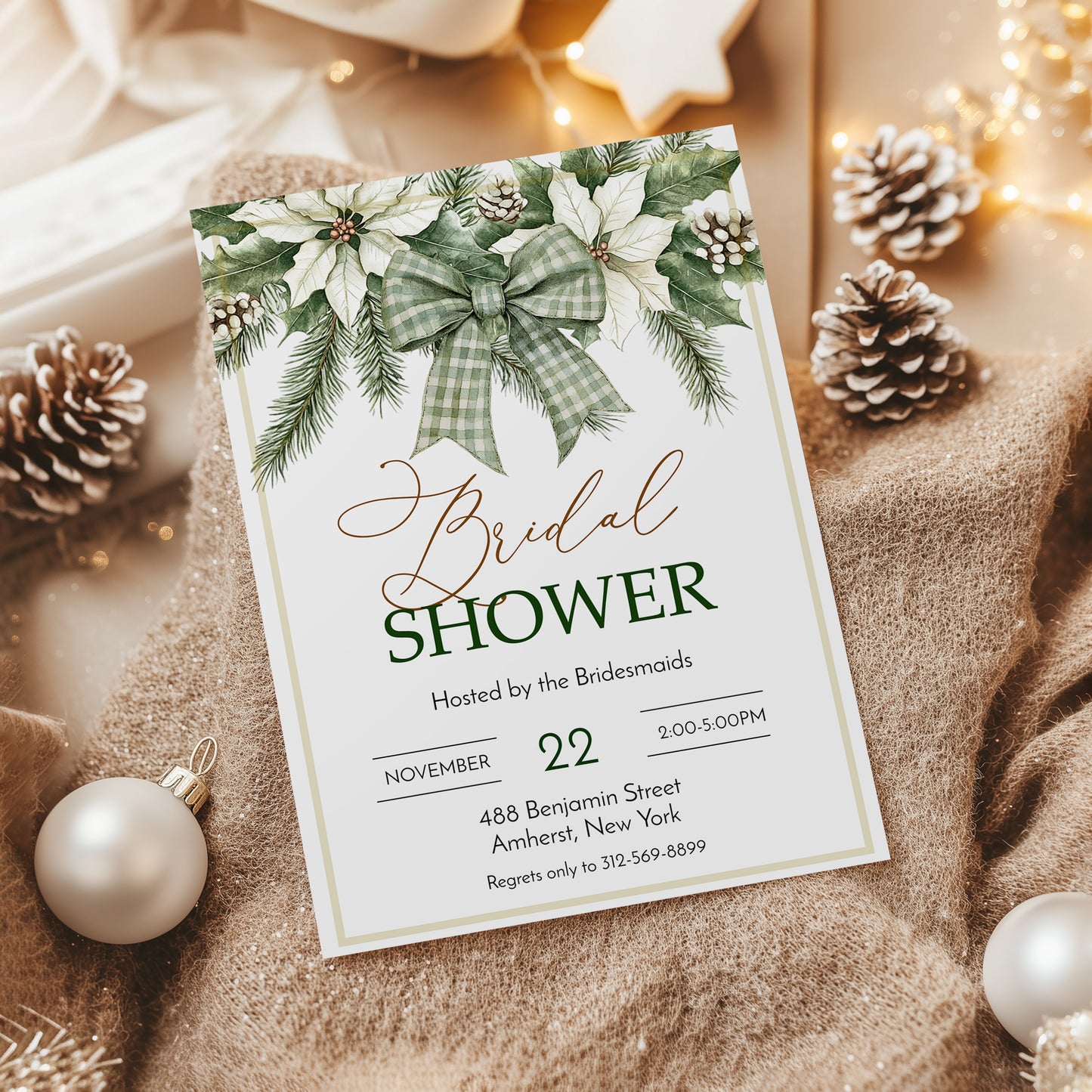 Winter Evergreen Bow and Flowers Bridal Shower Invitation Template Editable Invitation Corjl Digital Download