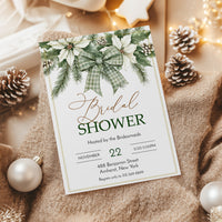 Winter Evergreen Bow and Flowers Bridal Shower Invitation Template Editable Invitation Corjl Digital Download