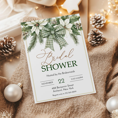 Winter Evergreen Bow and Flowers Bridal Shower Invitation Template Editable Invitation Corjl Digital Download