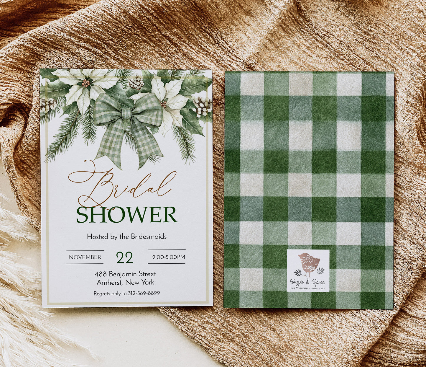 Winter Evergreen Bow and Flowers Bridal Shower Invitation Template Editable Invitation Corjl Digital Download
