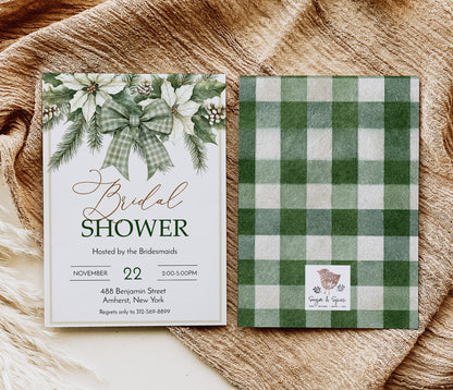 Winter Evergreen Bow and Flowers Bridal Shower Invitation Template Editable Invitation Corjl Digital Download