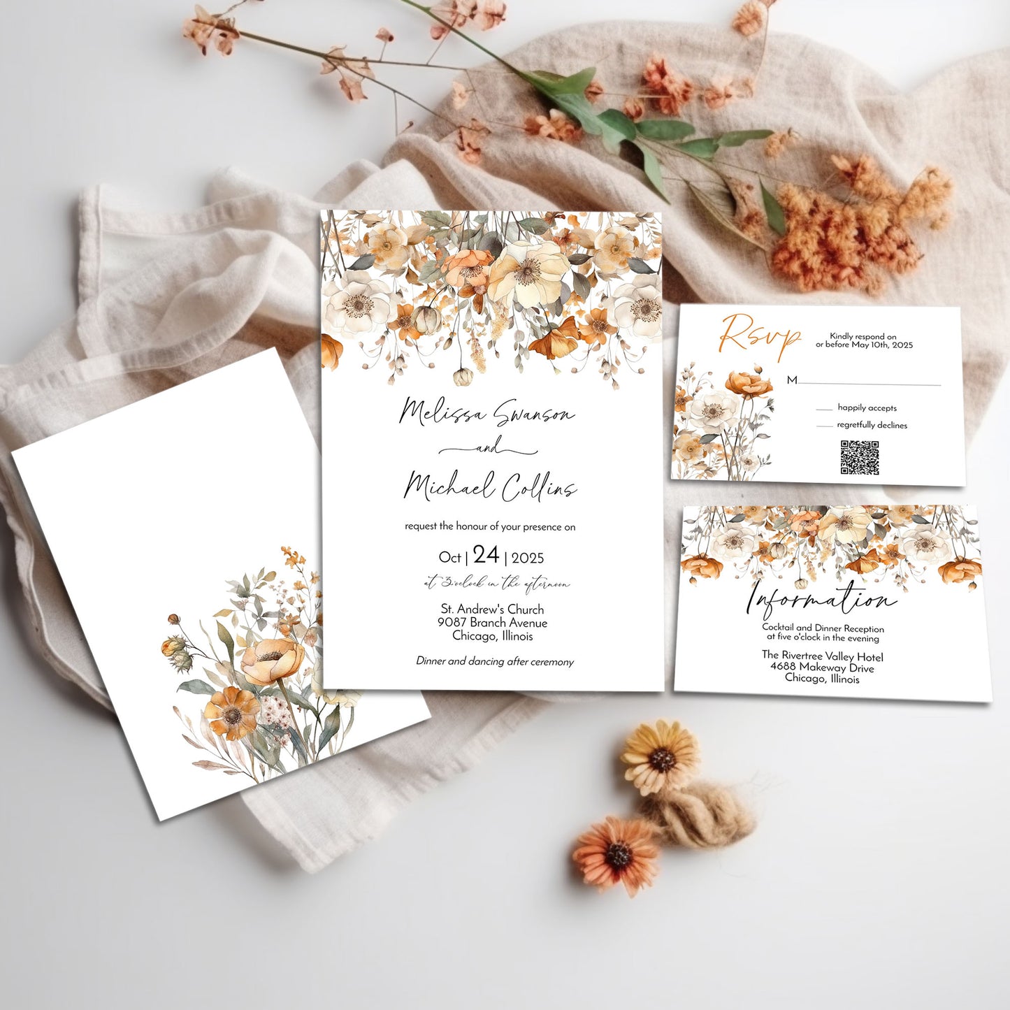 Fall Wildflower Floral Wedding Invitation Template Editable Invitation Corjl Digital Download