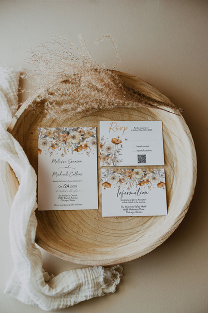 Fall Wildflower Floral Wedding Invitation Template Editable Invitation Corjl Digital Download