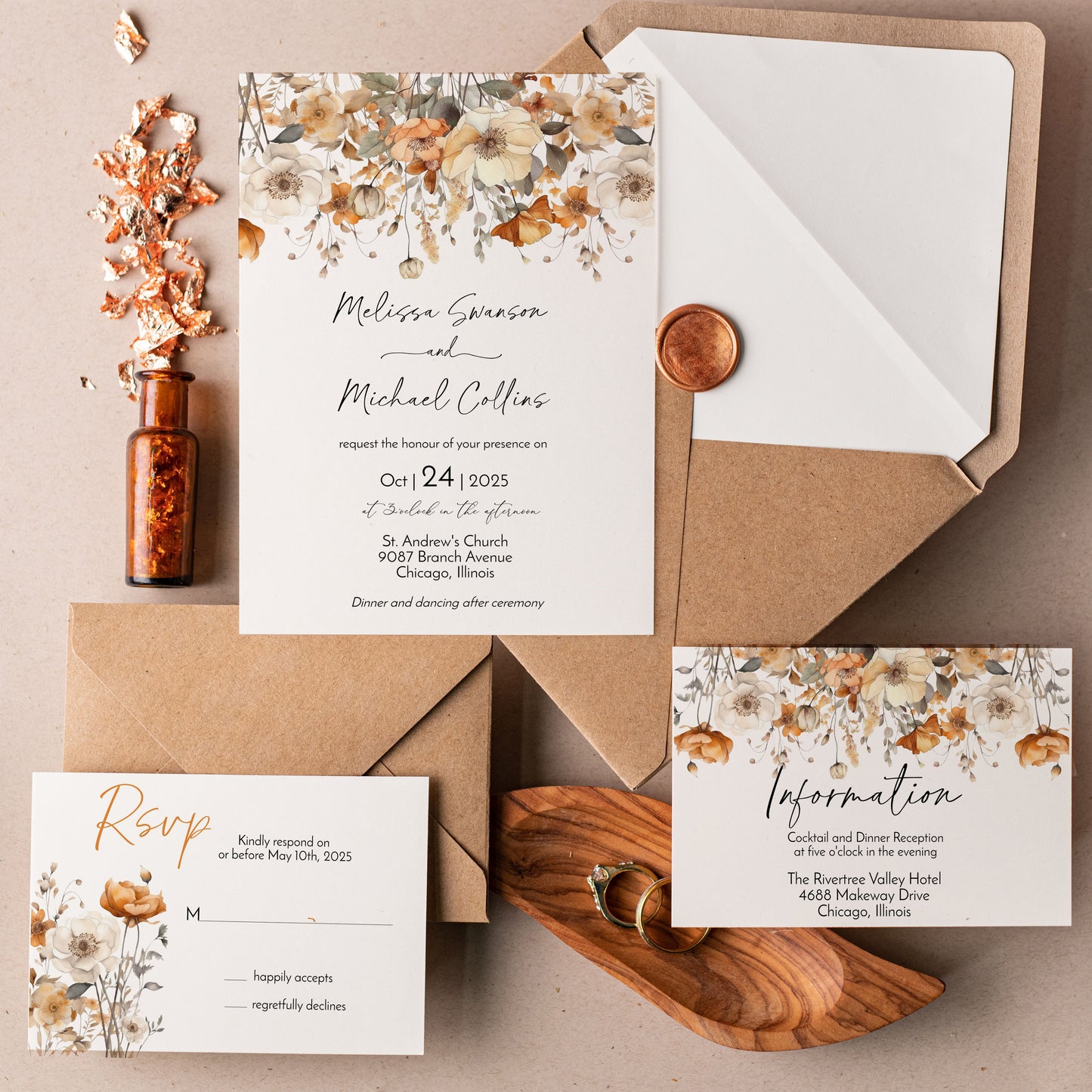 Fall Wildflower Floral Wedding Invitation Template Editable Invitation Corjl Digital Download