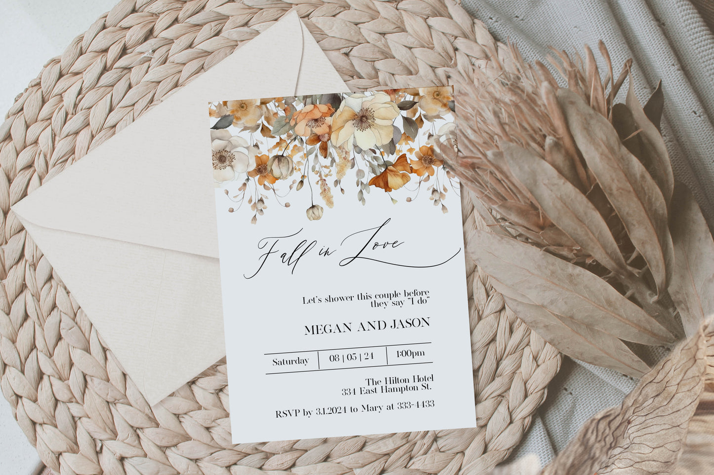 Fall in Love Floral Couples Bridal Shower Invitation Template Editable Invitation Corjl Digital Download