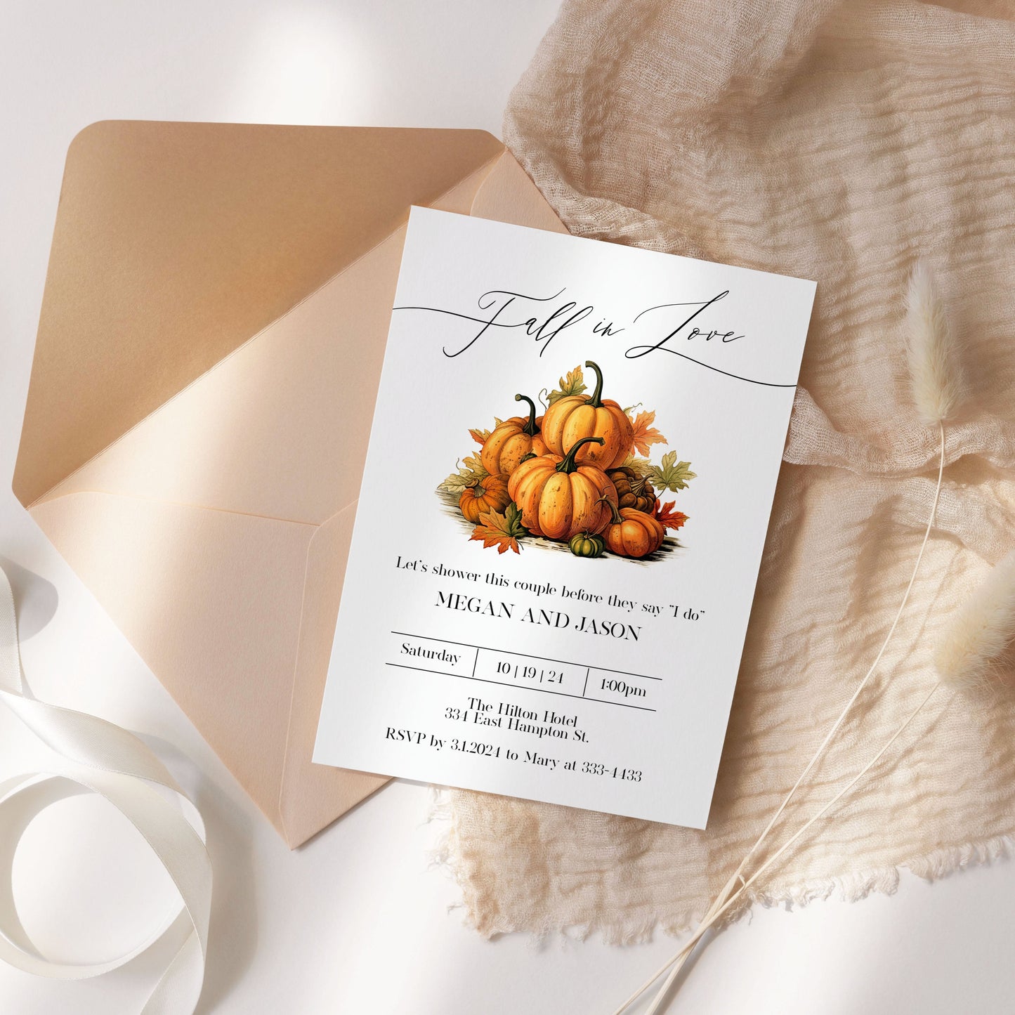 Fall in Love Pumpkins Bridal Shower Invitation Template Editable Invitation Corjl Digital Download