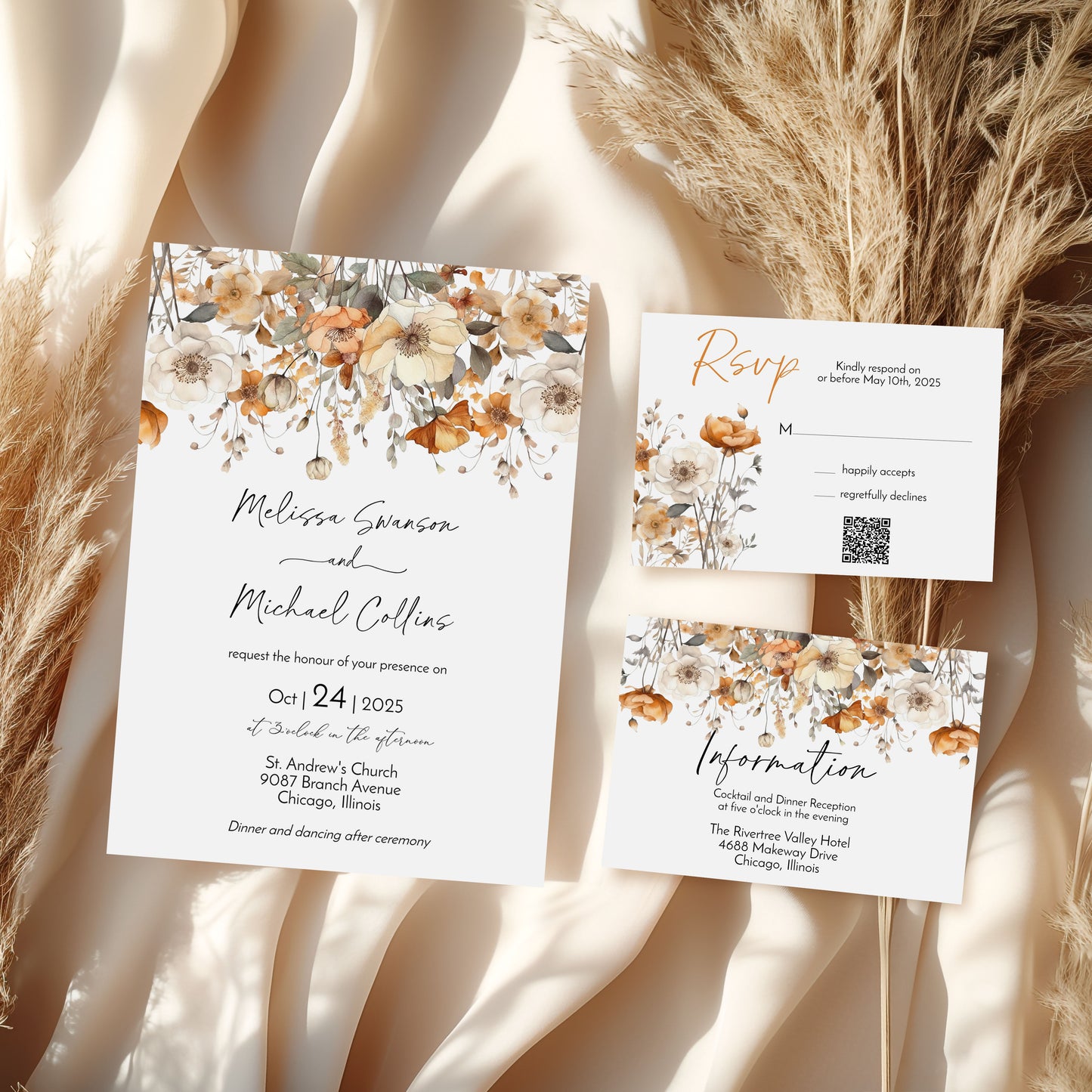 Fall Wildflower Floral Wedding Invitation Template Editable Invitation Corjl Digital Download