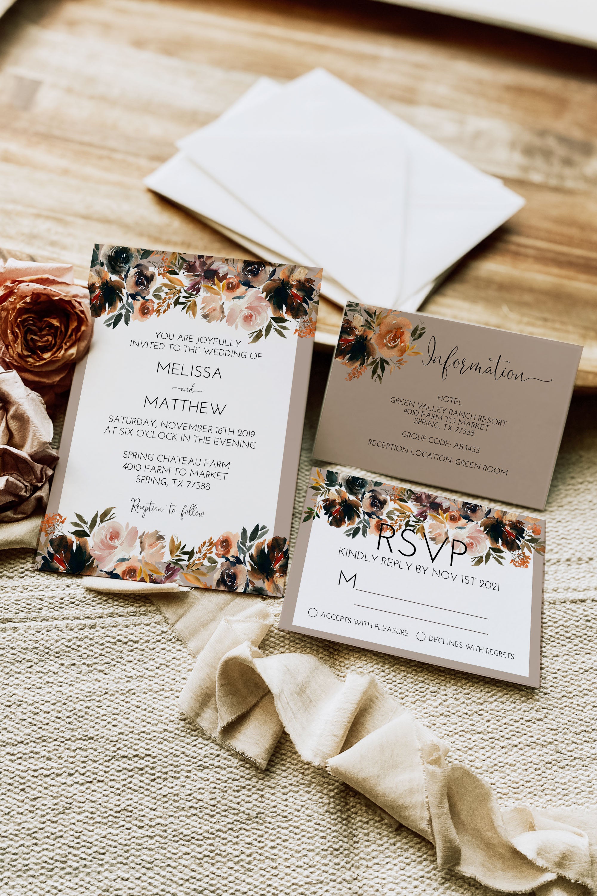 Fall Boho Floral Wedding Invitation Suite