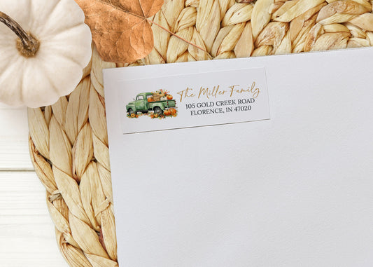 Green Farm Truck Fall Pumpkin Return Address Sticker