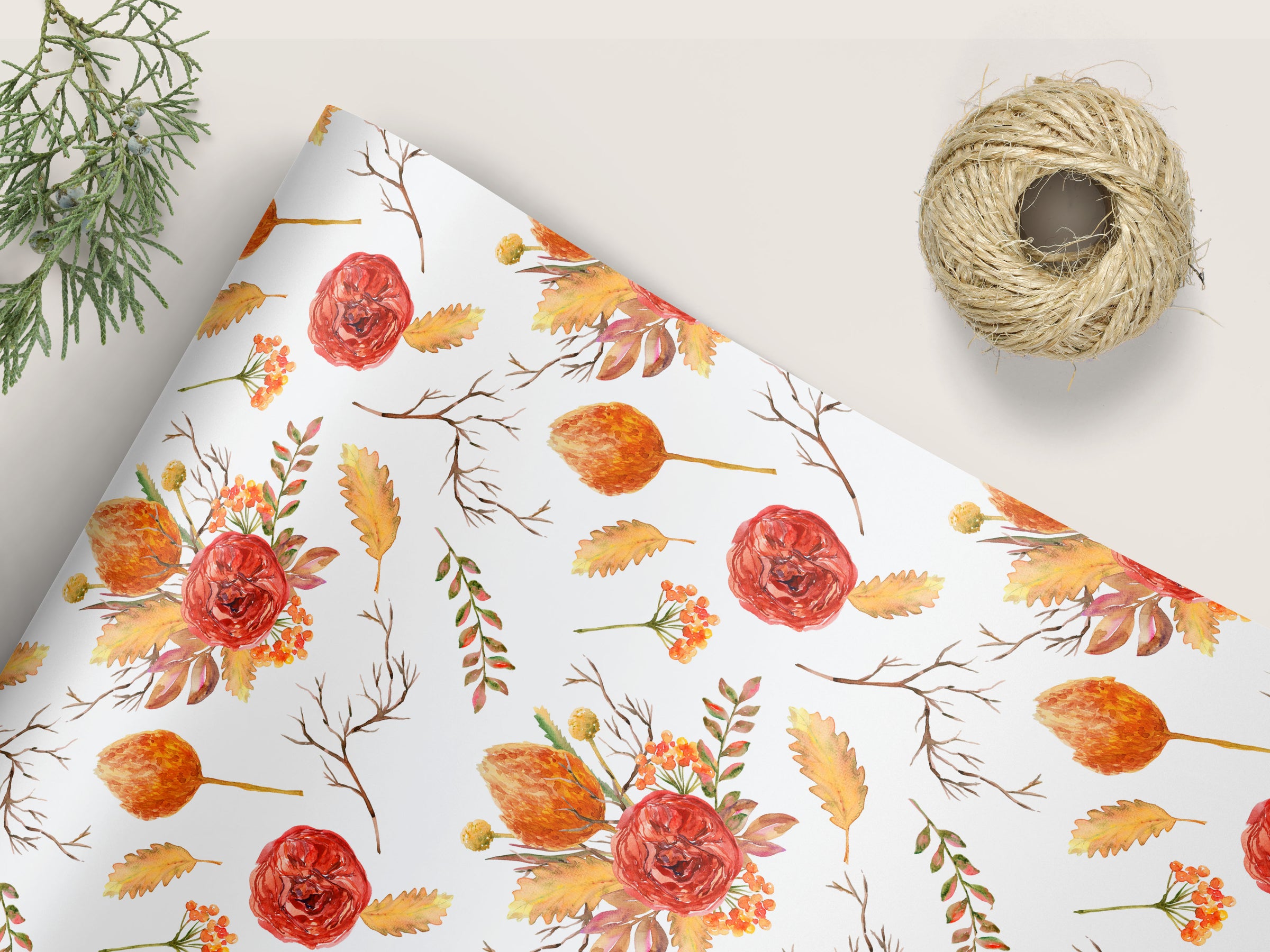 Fall Floral White Wrapping Paper Roll
