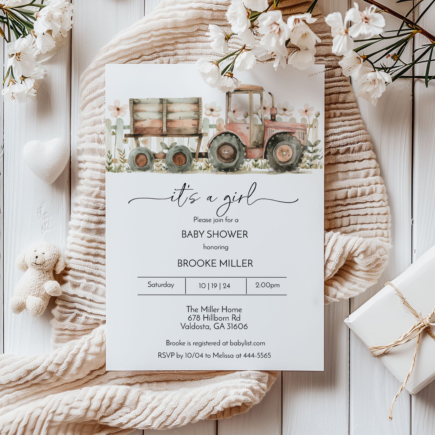Pink Tractor Farm Baby Shower Invitation Template Editable Invitation Corjl Digital Download