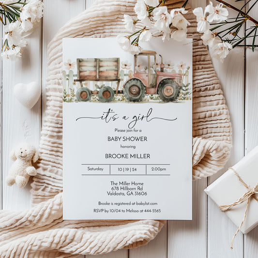 Pink Tractor Farm Baby Shower Invitation Template Editable Invitation Corjl Digital Download