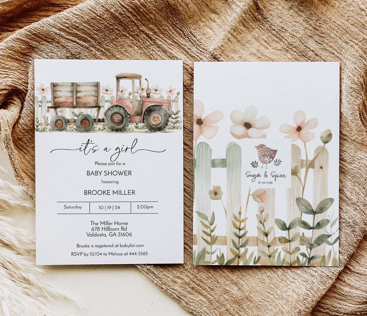 Pink Tractor Farm Baby Shower Invitation Template Editable Invitation Corjl Digital Download
