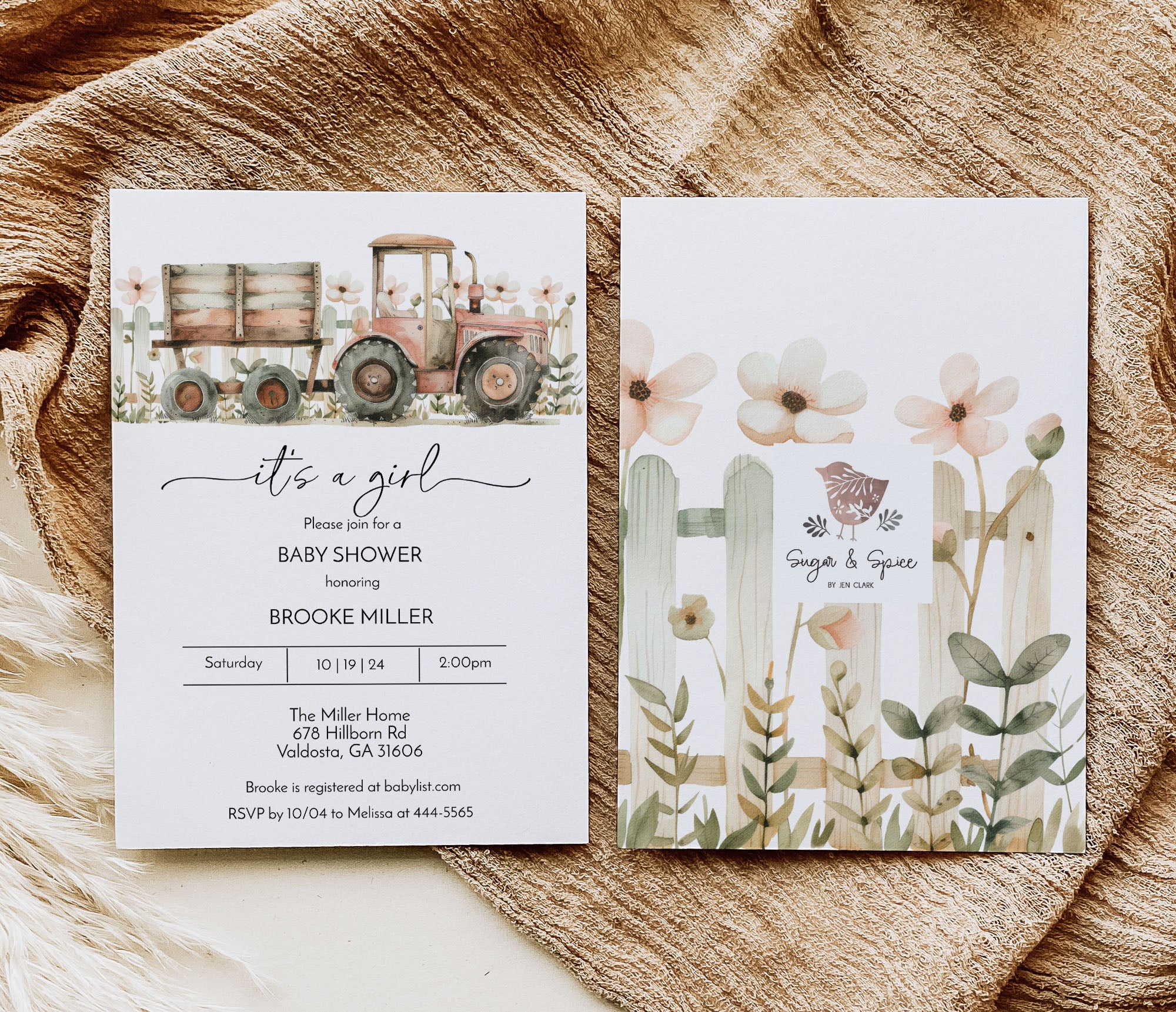 Pink Tractor Farm Baby Shower Invitation Template Editable Invitation Corjl Digital Download