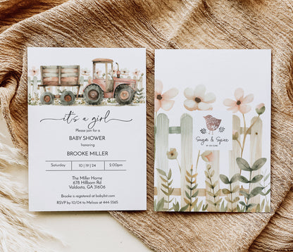 Pink Tractor Farm Baby Shower Invitation Template Editable Invitation Corjl Digital Download