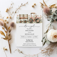 Pink Tractor Farm Baby Shower Invitation Template Editable Invitation Corjl Digital Download