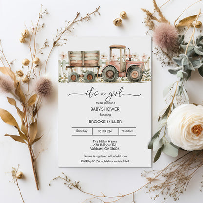 Pink Tractor Farm Baby Shower Invitation Template Editable Invitation Corjl Digital Download