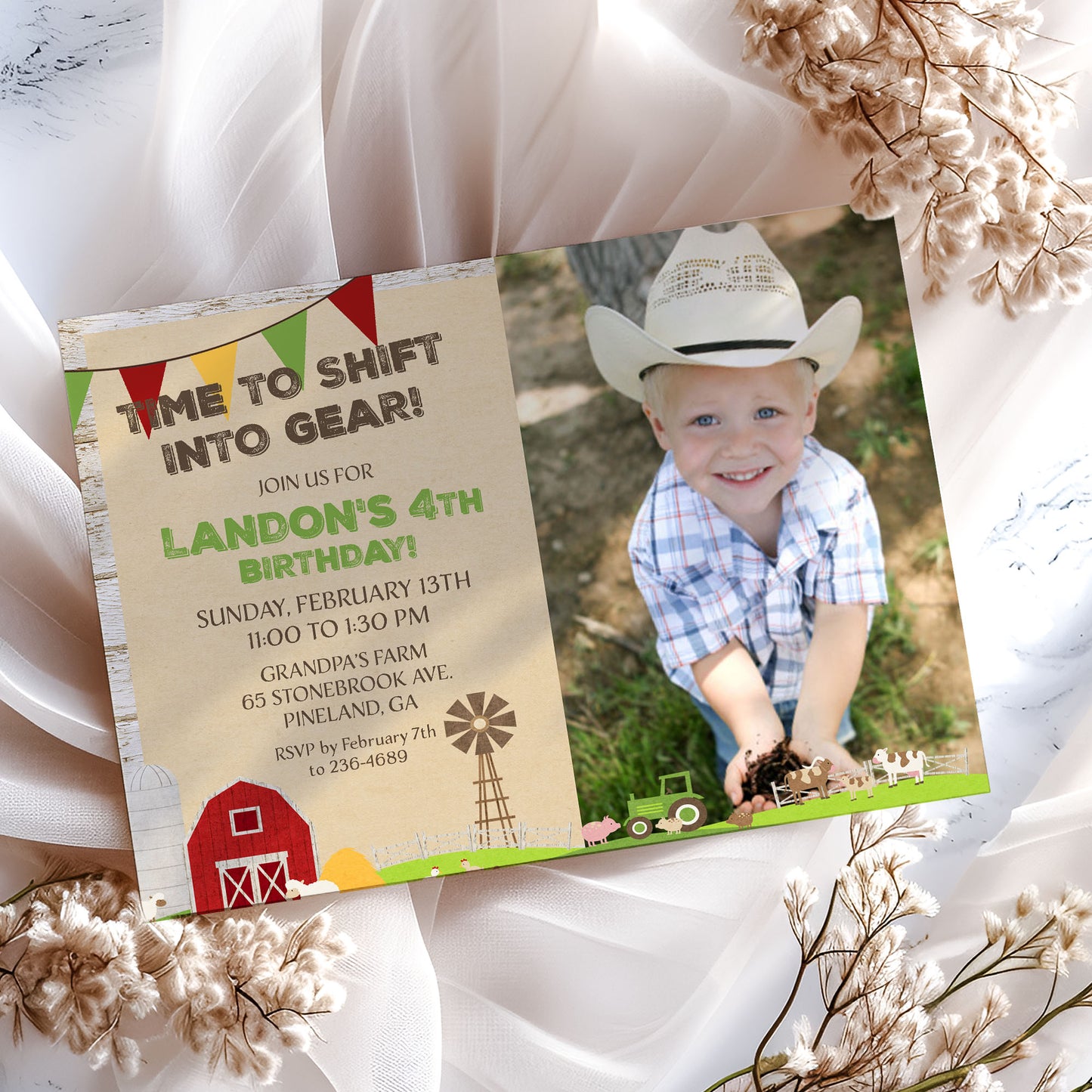 Country Farm with Red Barn Birthday Photo Invitation- Printable
