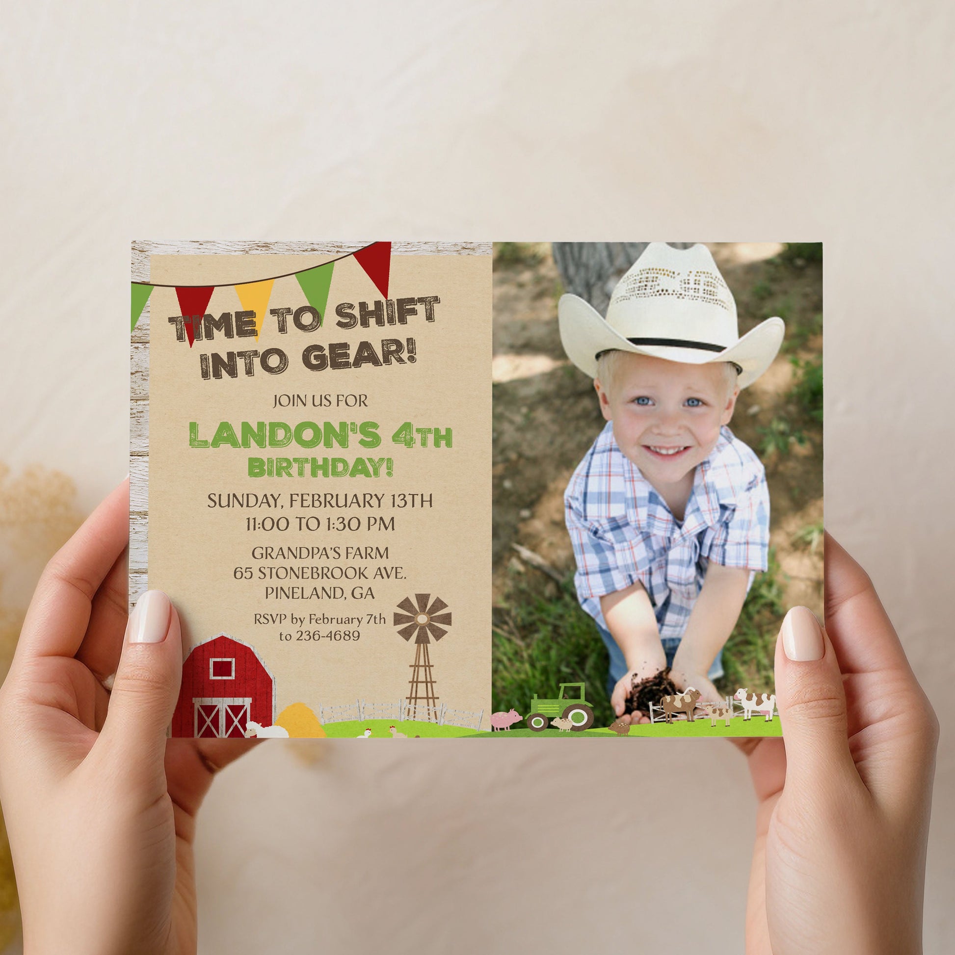 Farm birthday photo with rustic wood background, image of red barn, hanging flags and cute decor