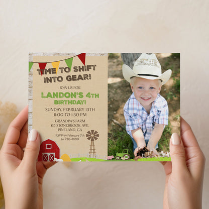 Farm birthday photo with rustic wood background, image of red barn, hanging flags and cute decor