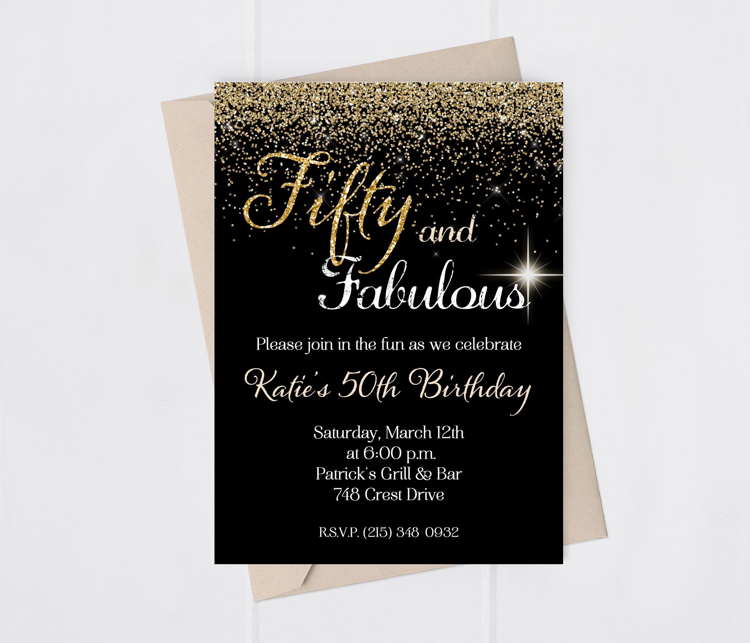 Fifty and Fabulous Gold Glitter Birthday Invitation