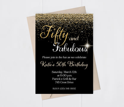 Fifty and Fabulous Gold Glitter Birthday Invitation