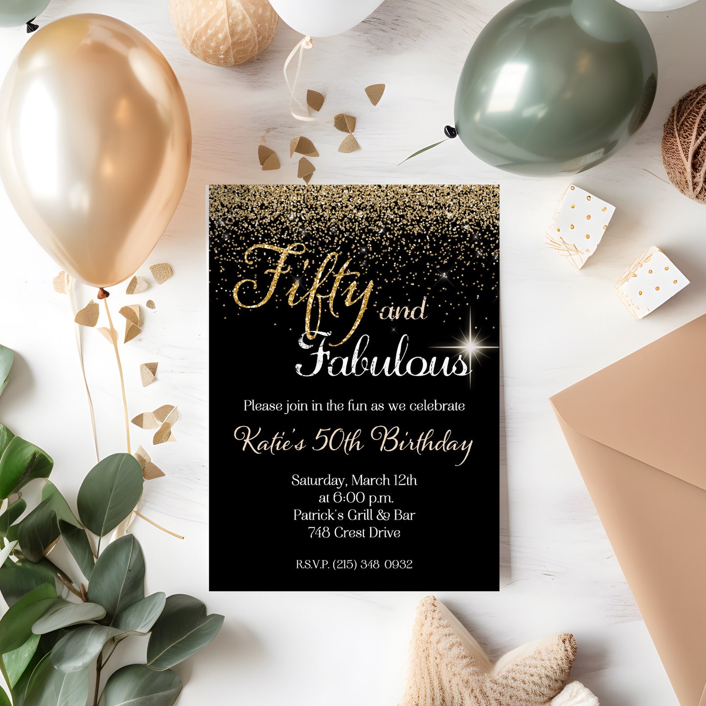 Fifty and Fabulous Gold Glitter Birthday Invitation