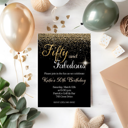 Fifty and Fabulous Gold Glitter Birthday Invitation