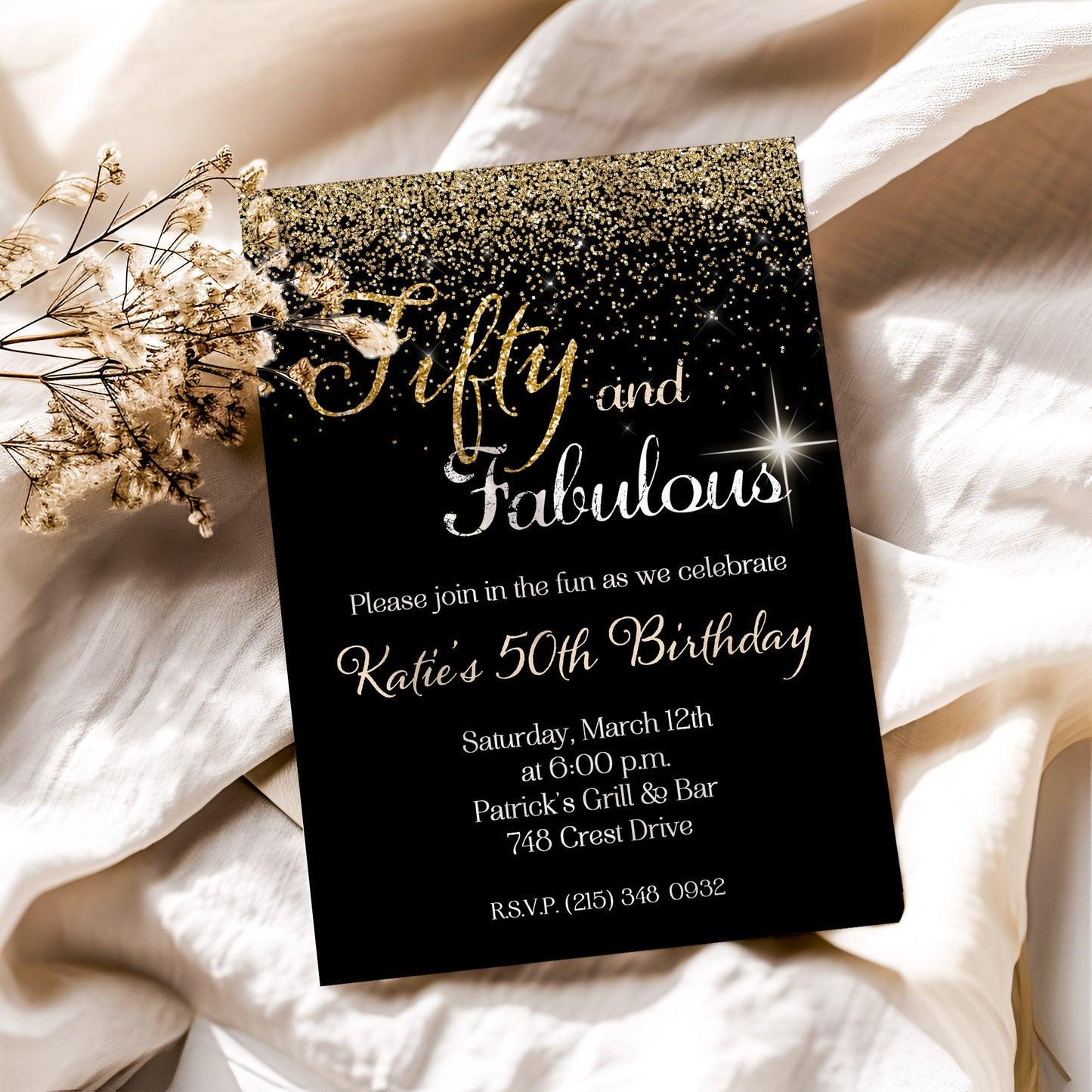 Fifty and Fabulous Gold Glitter Birthday Invitation