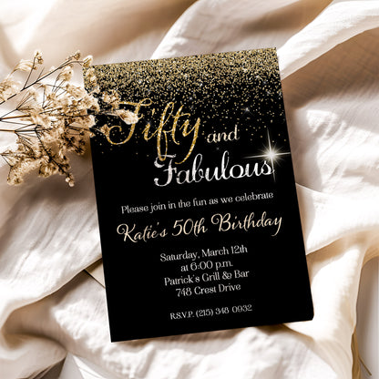 Fifty and Fabulous Gold Glitter Birthday Invitation
