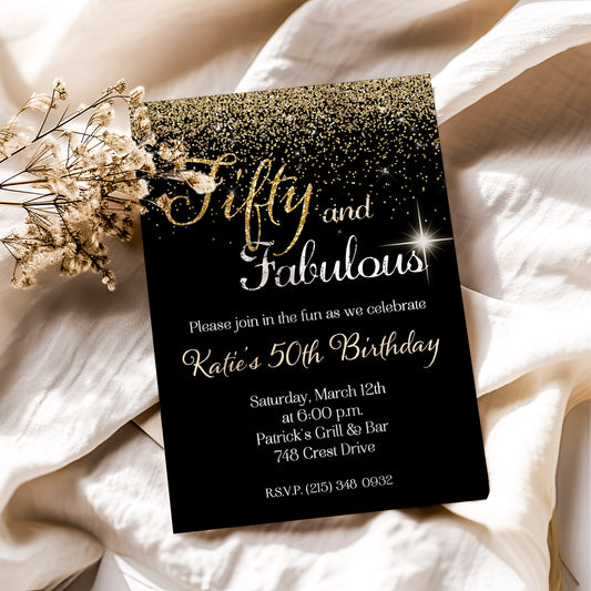 Fifty and Fabulous Gold Glitter Birthday Invitation