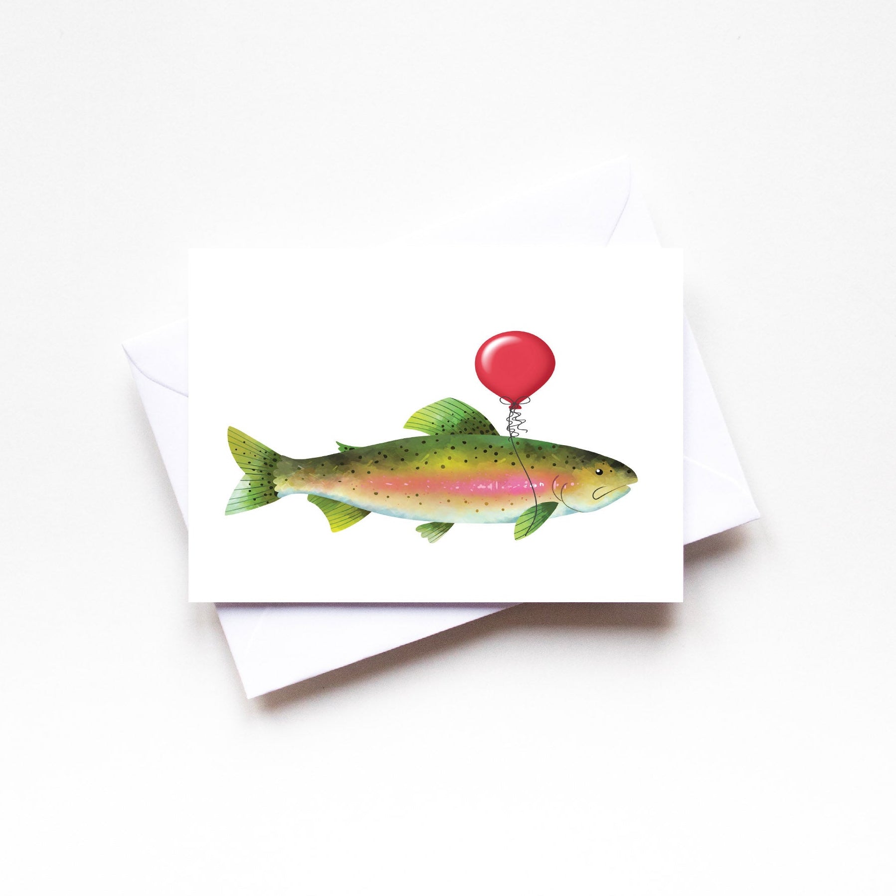 Card with a fish holding a red balloon on a white background