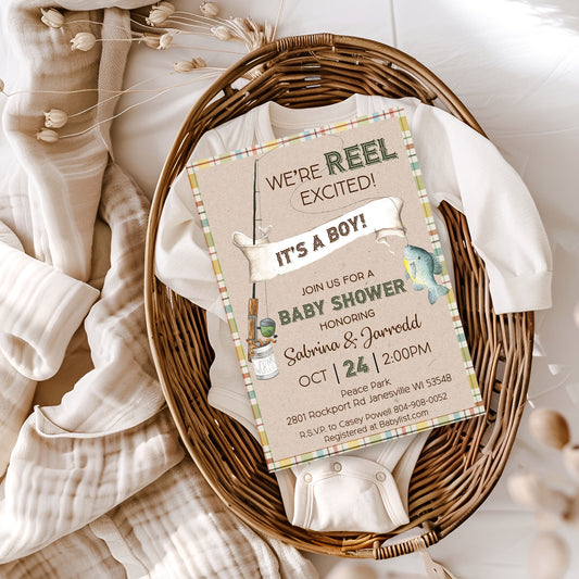 We're REEL Excited Fishing Baby Shower Invitation Template Editable Invitation Corjl Digital Download